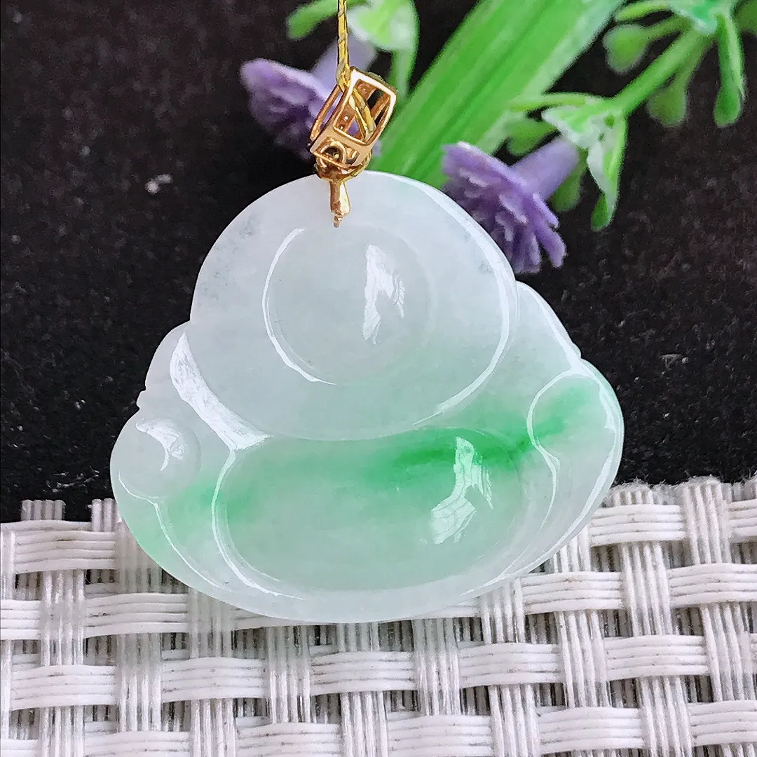 自然光25/28.5/5.7老坑18k金镶嵌冰润飘阳绿佛公吊坠翡翠玉坠挂件