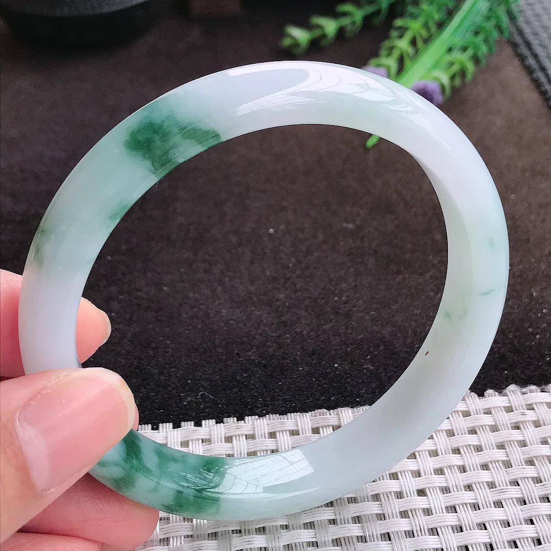 自然光63/11.7/8.2老坑冰润起胶飘花手镯大圈口宽边翡翠玉镯美人镯