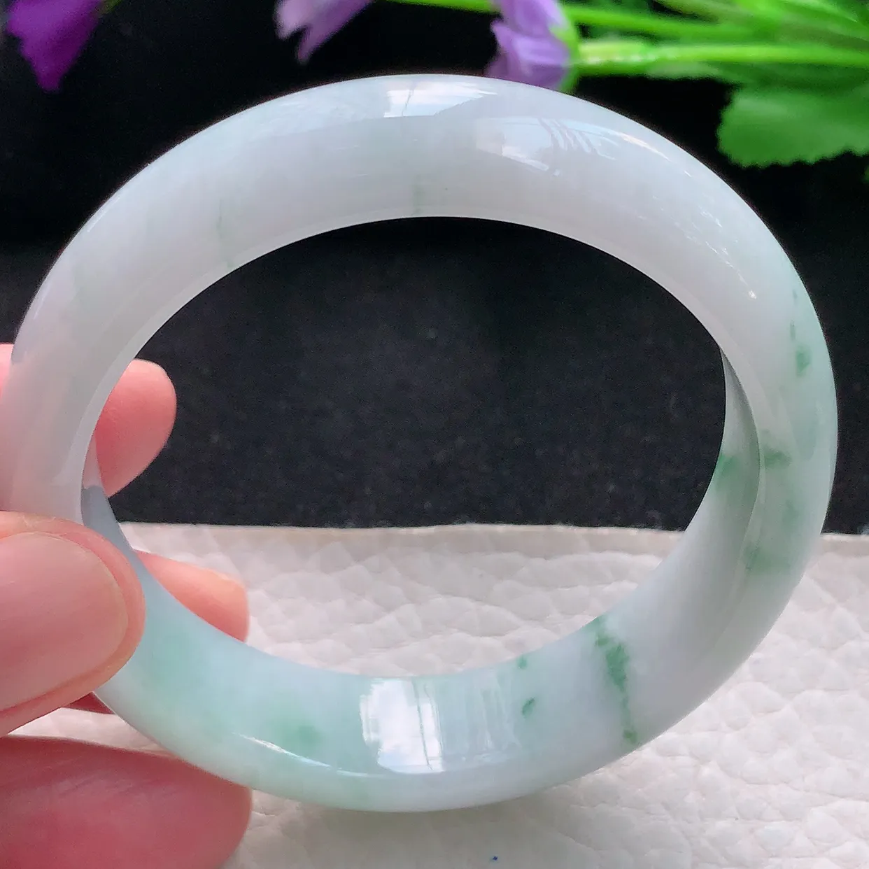 js自然光54*14*7.8平安镯 天然缅甸翡翠手镯飘花正圈宽边镯子玉手环