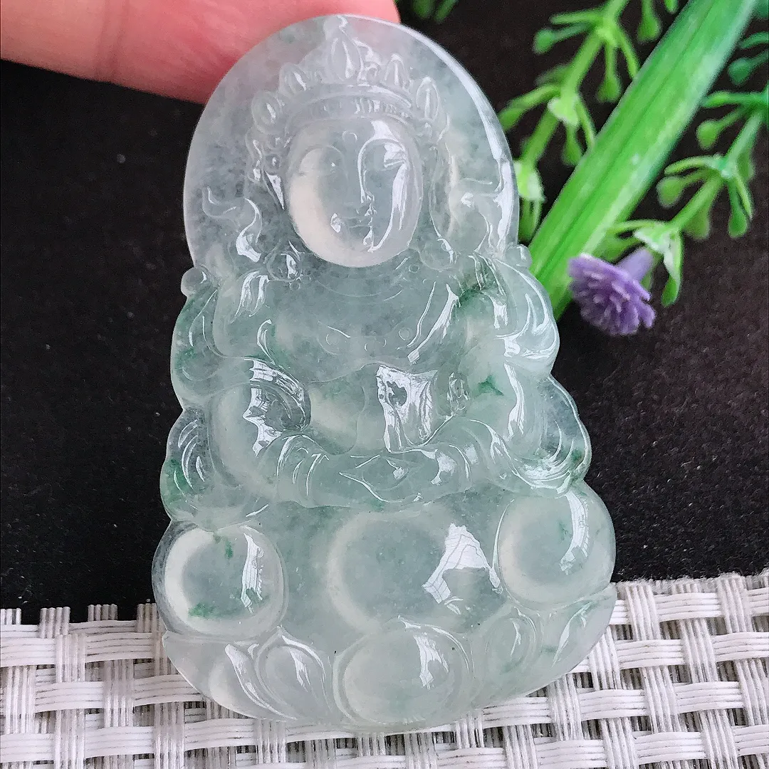 自然光60.6/39/6.6老坑冰种果冻胶飘花观音菩萨吊坠翡翠玉坠挂件百搭