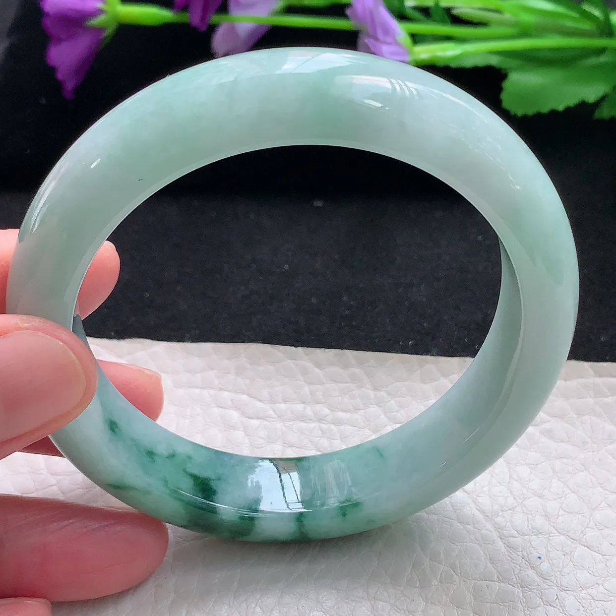 qn自然光58.5*14.2*9.2平安镯 天然缅甸翡翠a货手镯飘花正圈宽边镯子