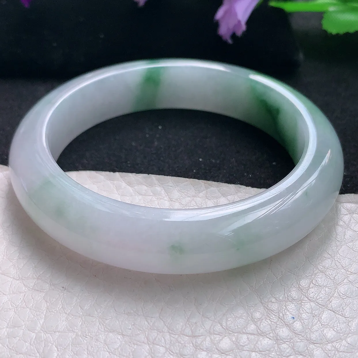 xh自然光55.5*12.6*9平安镯 天然缅甸翡翠a货手镯飘花正圈宽边镯子