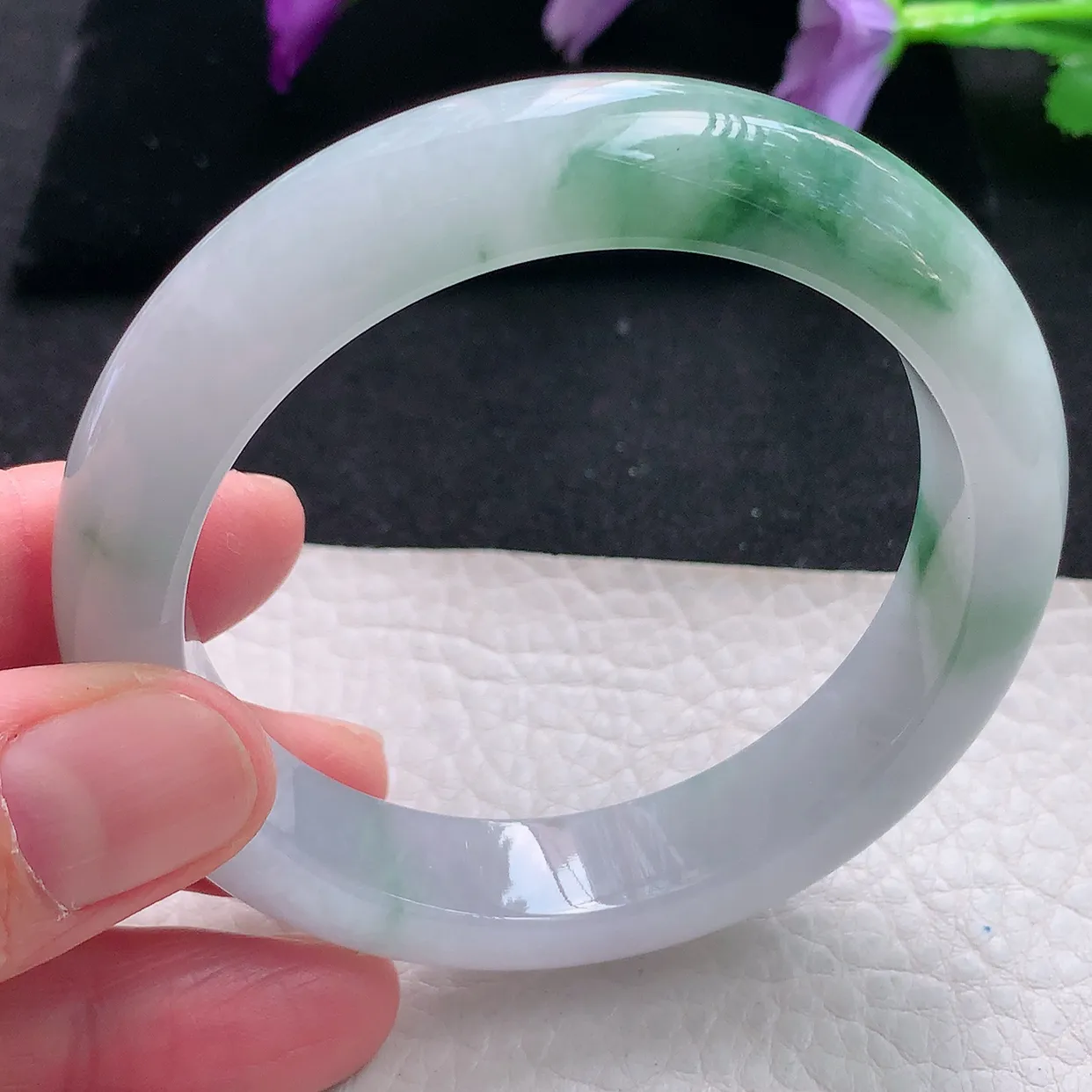 xh自然光55.5*12.6*9平安镯 天然缅甸翡翠a货手镯飘花正圈宽边镯子