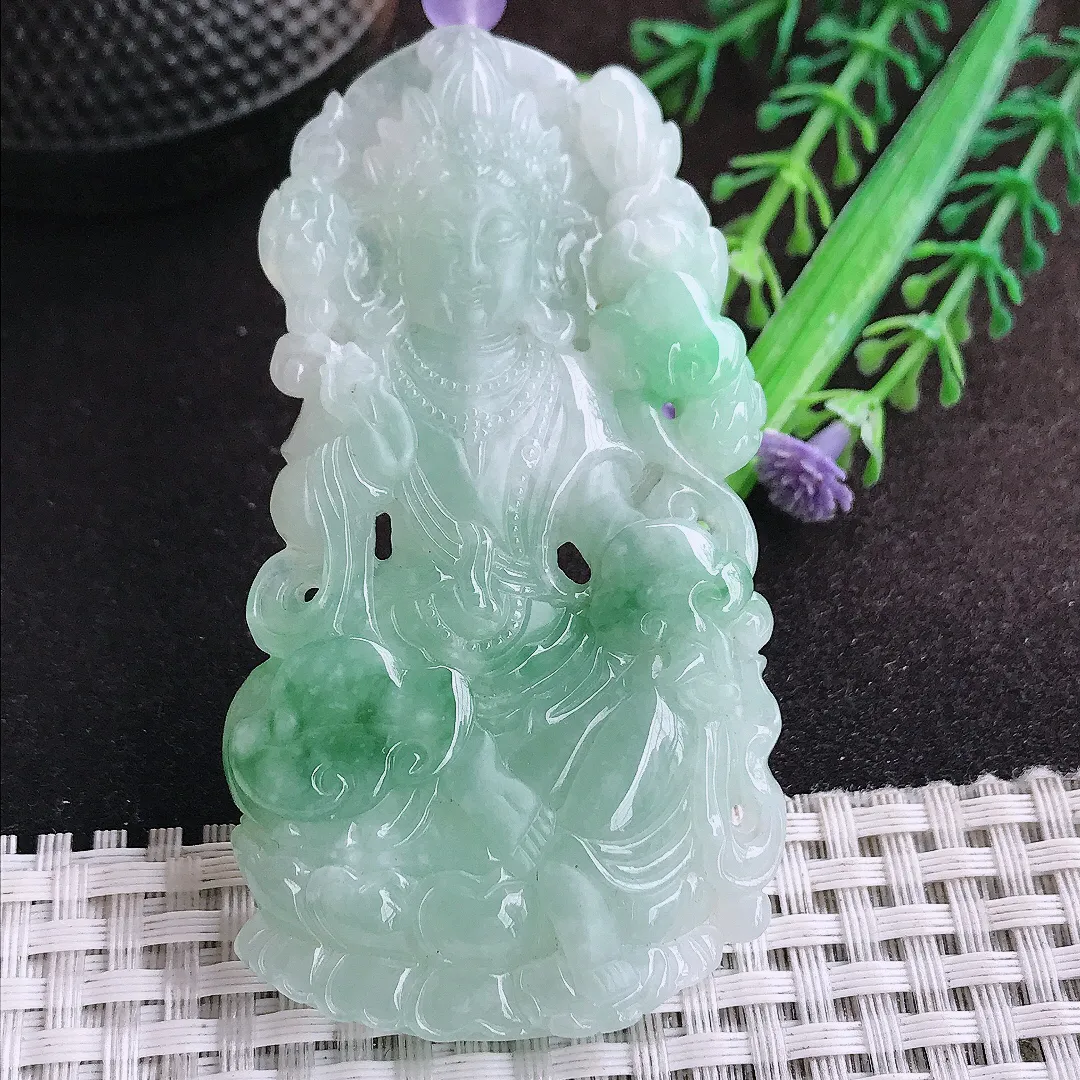 自然光73.8/40/6.8老坑精美冰润飘花渡母菩萨吊坠翡翠玉坠挂件百搭