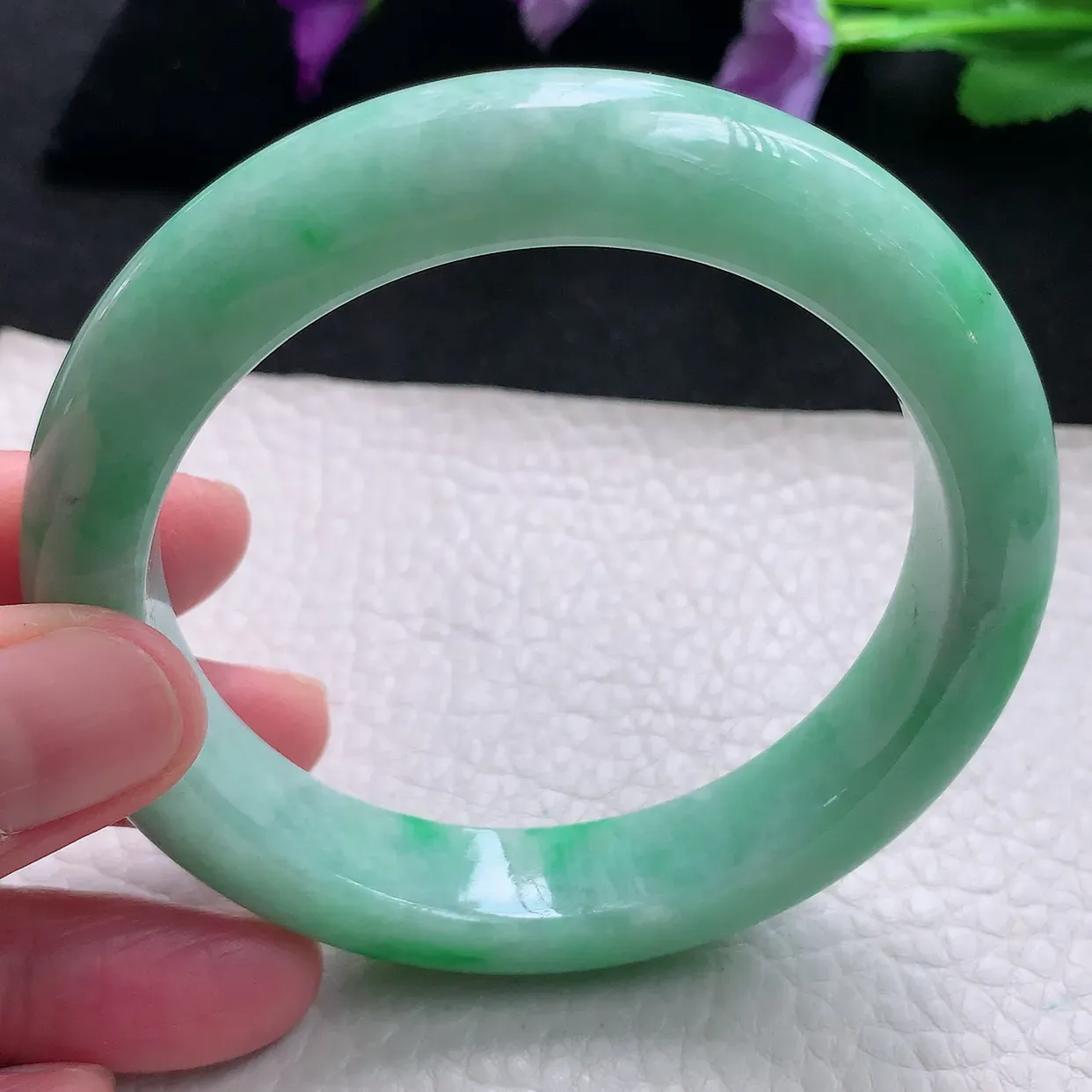 Pj自然光59.5*12.8*9.2大圈口平安镯 天然缅甸翡翠a货手镯飘绿满色正圈镯子
