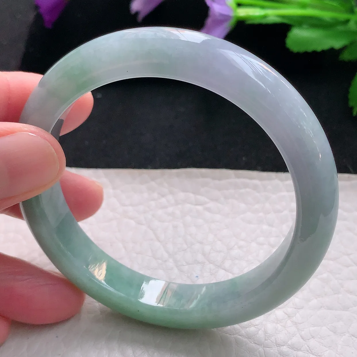 js自然光56*11.2*8平安镯 天然缅甸翡翠手镯淡紫正圈宽边镯子玉手环
