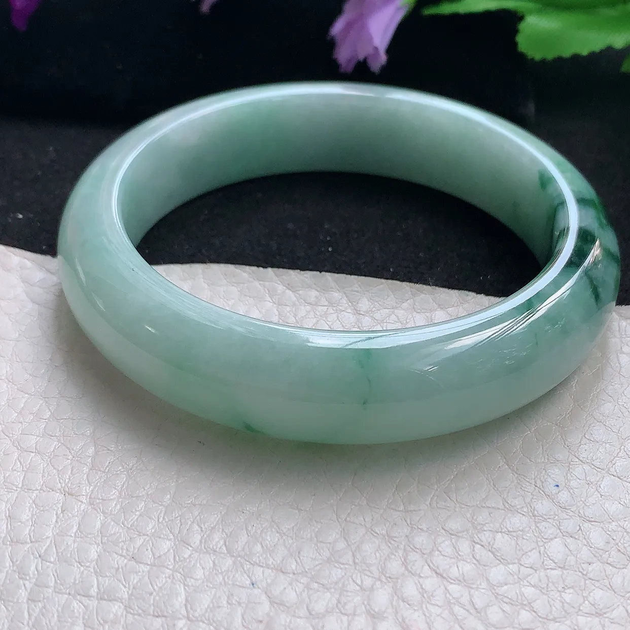 qn自然光58.5*14.2*9.2平安镯 天然缅甸翡翠a货手镯飘花正圈宽边镯子