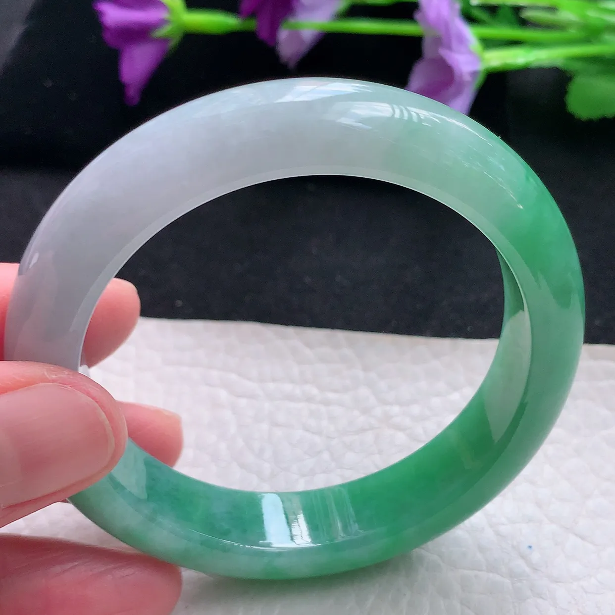 Pj自然光54*12.3*8.7平安镯 天然缅甸翡翠a货手镯半山半水绿镯手镯