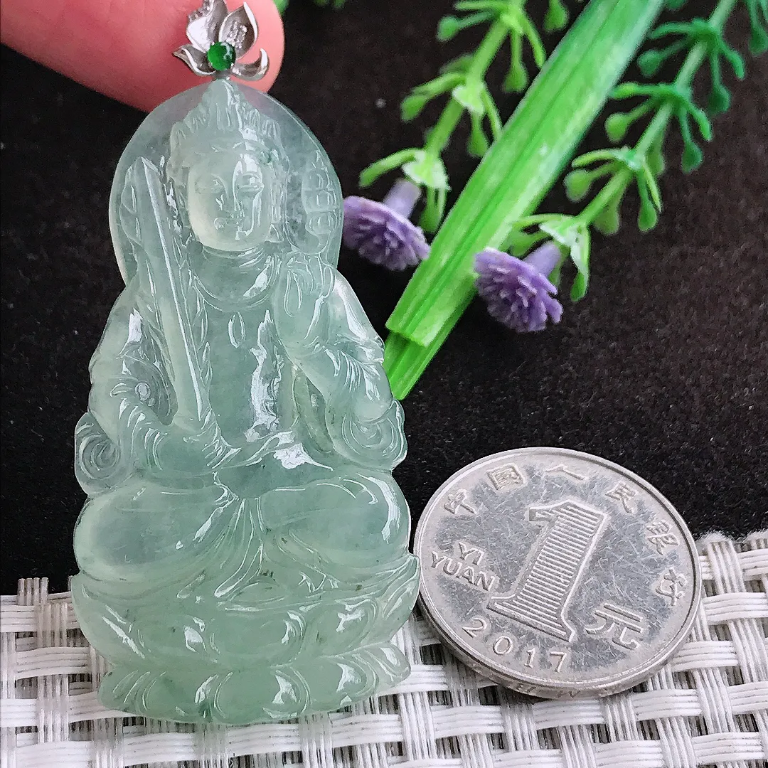 自然光51.8/28/5.3老坑18k金镶嵌冰种果冻胶冰晴绿虚空藏菩萨吊坠翡翠玉坠挂件百搭
