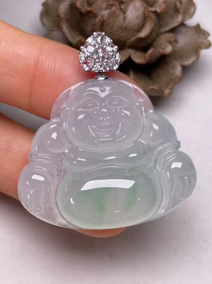 冰种飘绿佛公吊坠、真金真钻镶嵌，种水好，玉质细腻 .裸石尺寸 33.6*28.3