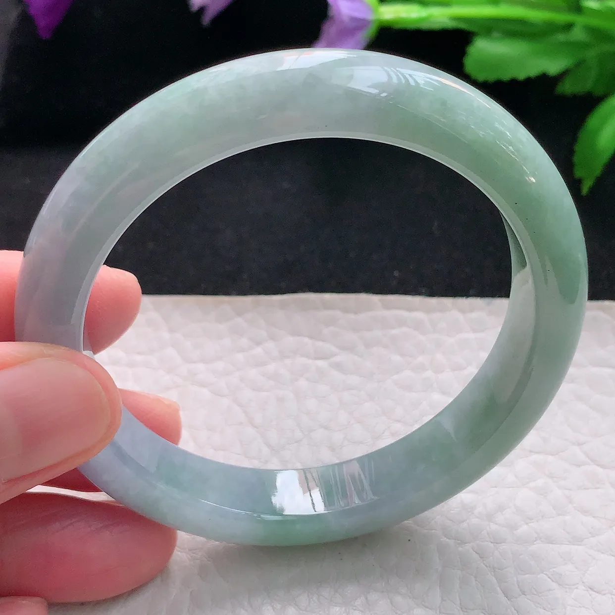 js自然光56*11.2*8平安镯 天然缅甸翡翠手镯淡紫正圈宽边镯子玉手环