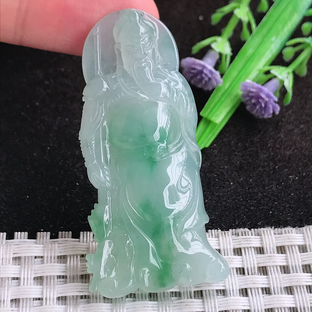 自然光51.5/25.7/6.5老坑冰胶果冻飘绿关公吊坠翡翠玉坠挂件百搭