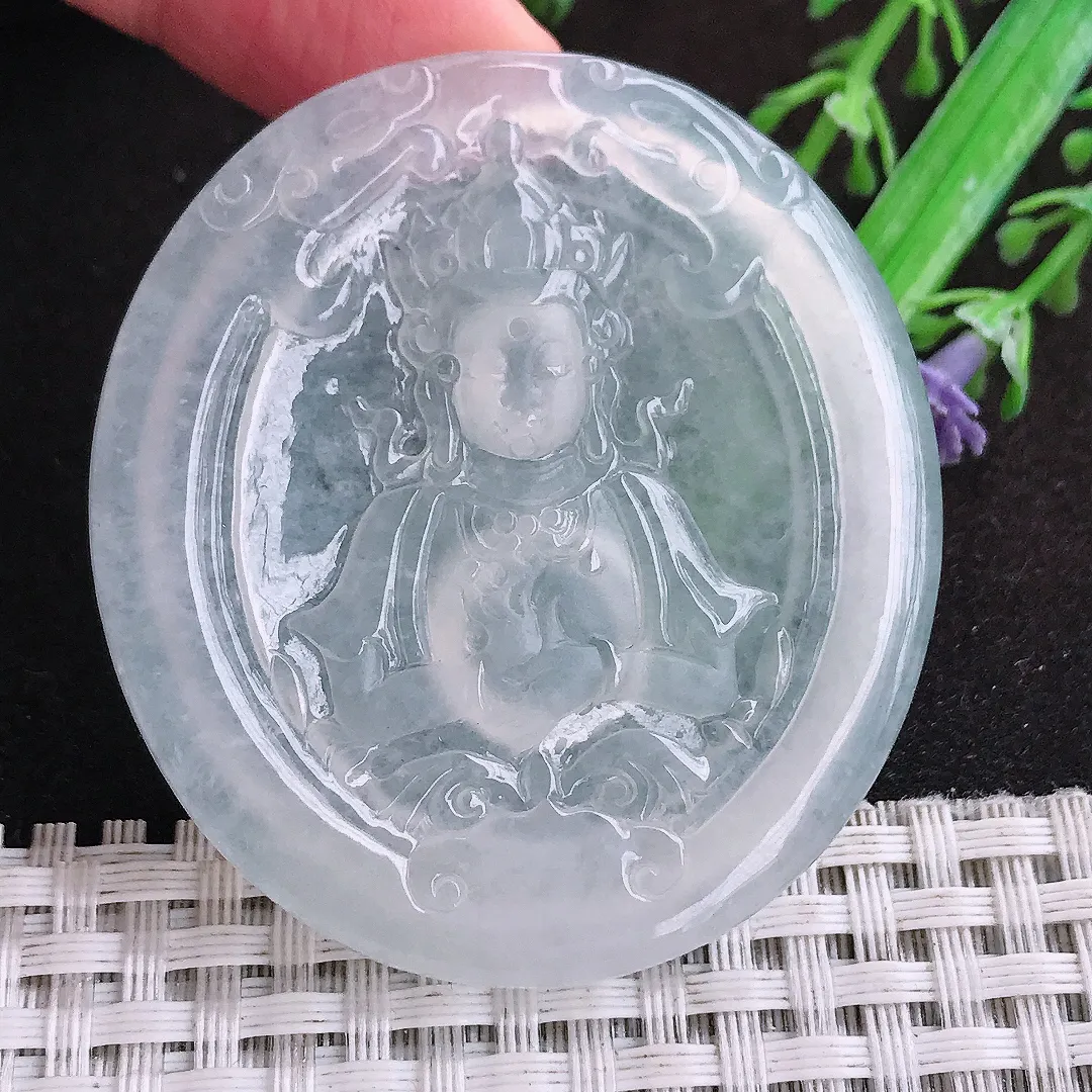 自然光52.3/48/5老坑冰种起胶白冰观音菩萨吊坠翡翠玉坠挂件百搭