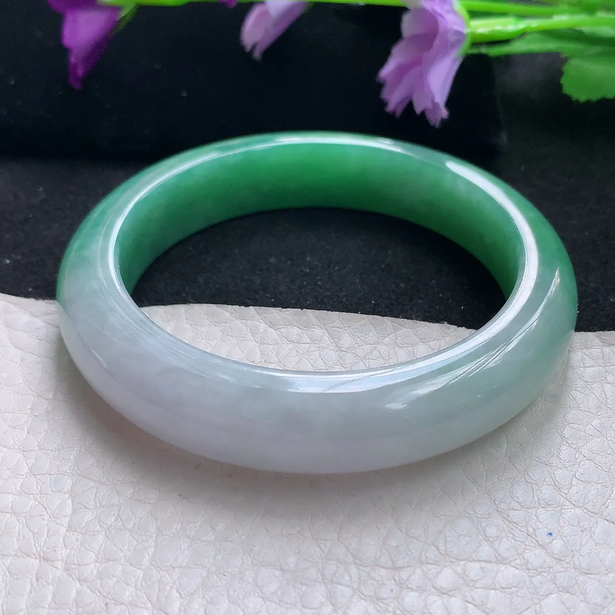 Pj自然光54*12.3*8.7平安镯 天然缅甸翡翠a货手镯半山半水绿镯手镯