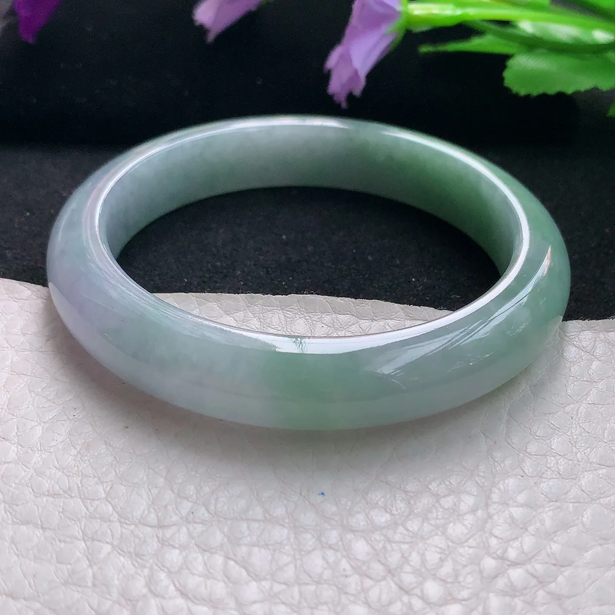 js自然光56*11.2*8平安镯 天然缅甸翡翠手镯淡紫正圈宽边镯子玉手环