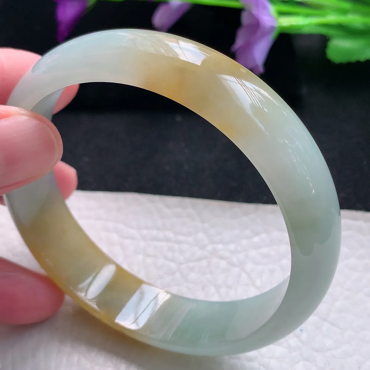 mq自然光60.5*15*7轮胎镯 天然缅甸翡翠a货手镯黄翡正圈冰透镯子