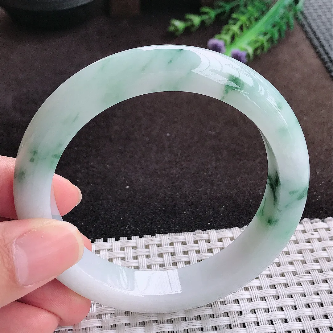 自然光60/12.6/9.3老坑冰润水灵飘花大圈口手镯宽边翡翠玉镯美人镯