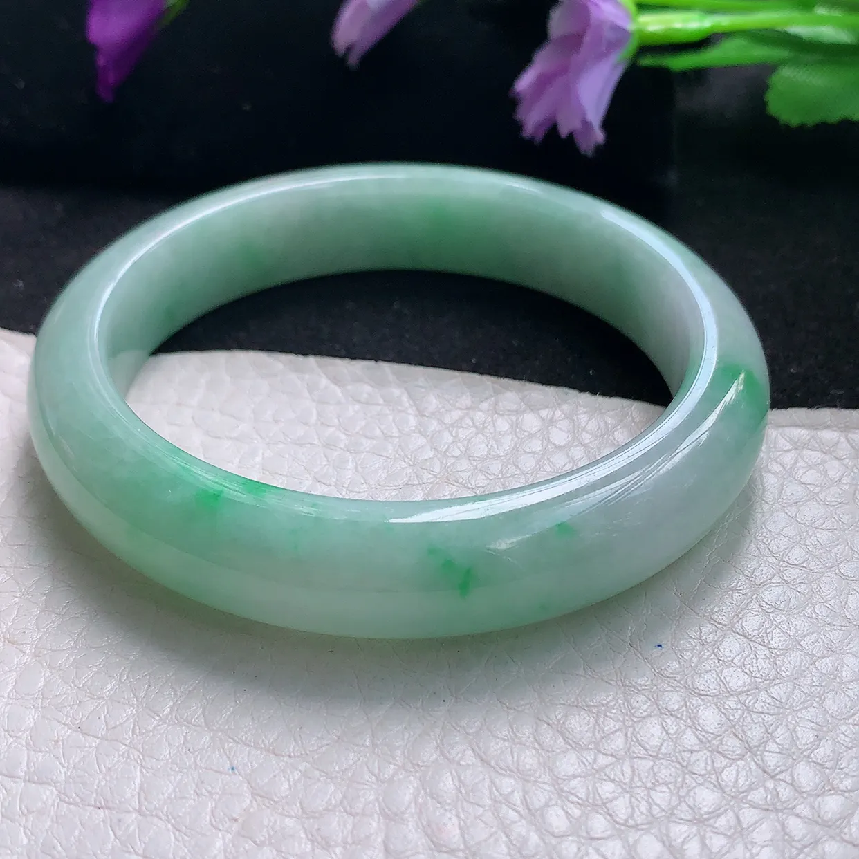 Pj自然光57.3*12.6*8.5平安镯 天然缅甸翡翠a货手镯飘绿正圈镯子