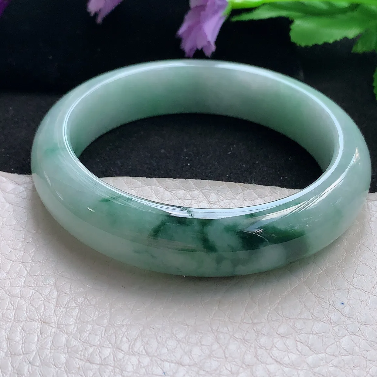 qn自然光58.5*14.2*9.2平安镯 天然缅甸翡翠a货手镯飘花正圈宽边镯子