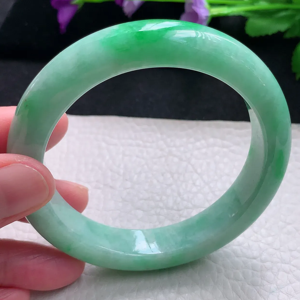 Pj自然光59.5*12.8*9.2大圈口平安镯 天然缅甸翡翠a货手镯飘绿满色正圈镯子