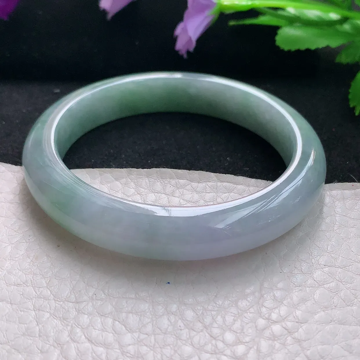 js自然光56*11.2*8平安镯 天然缅甸翡翠手镯淡紫正圈宽边镯子玉手环