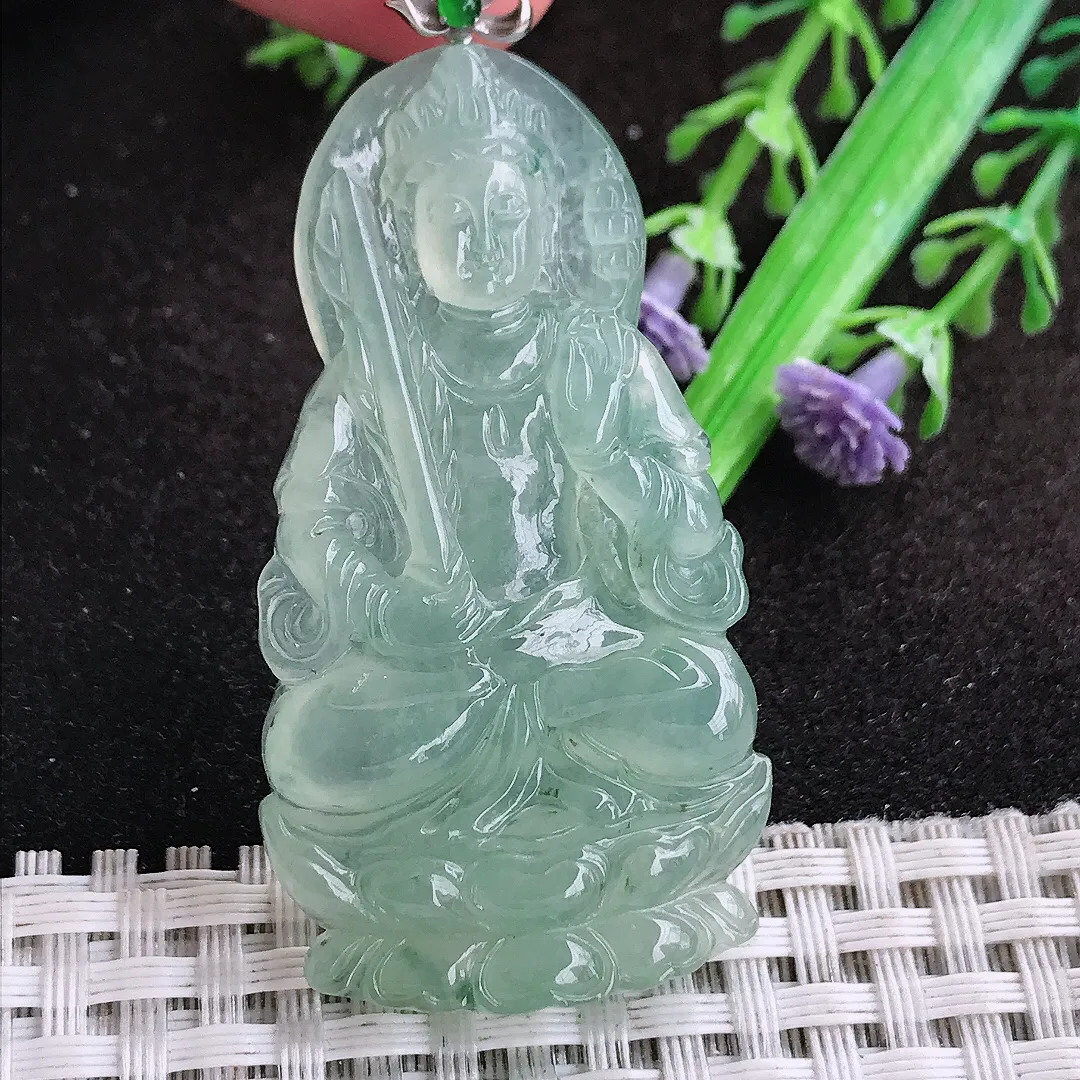 自然光51.8/28/5.3老坑18k金镶嵌冰种果冻胶冰晴绿虚空藏菩萨吊坠翡翠玉坠挂件百搭