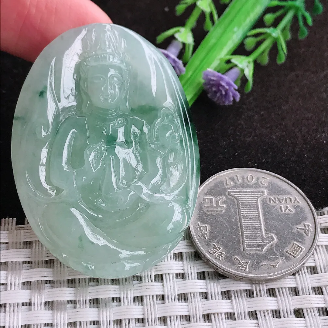 自然光48/35.7/8.5老坑冰胶水灵飘花赐福观音吊坠翡翠玉坠挂件百搭