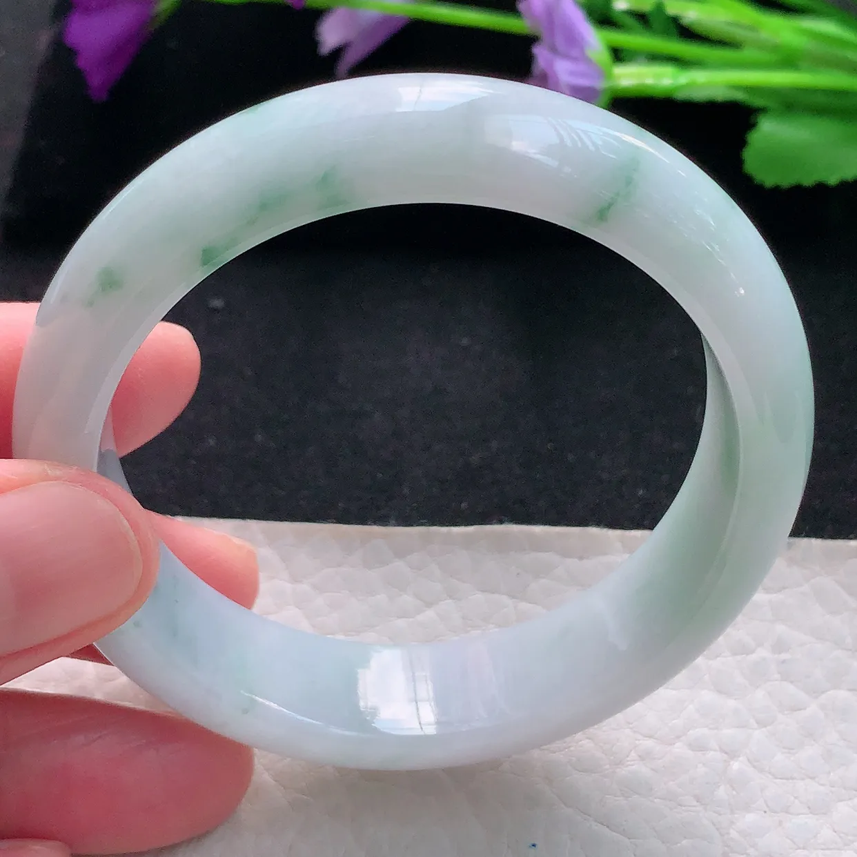 js自然光54*14*7.8平安镯 天然缅甸翡翠手镯飘花正圈宽边镯子玉手环