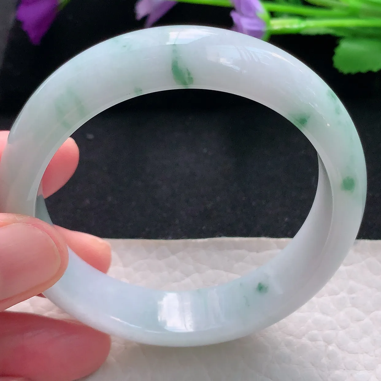 js自然光54*14*7.8平安镯 天然缅甸翡翠手镯飘花正圈宽边镯子玉手环