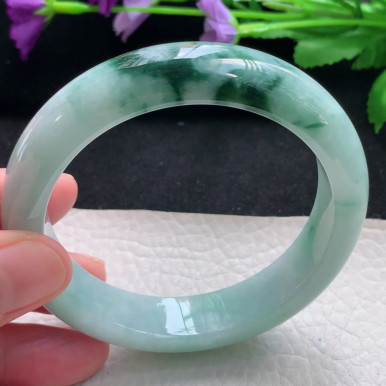 qn自然光58.5*14.2*9.2平安镯 天然缅甸翡翠a货手镯飘花正圈宽边镯子