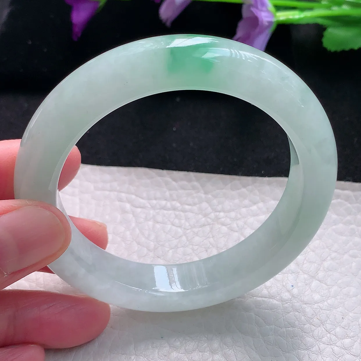 jm自然光55.5*12.5*9.6平安镯 天然缅甸翡翠a货手镯飘绿花正圈冰透厚镯子