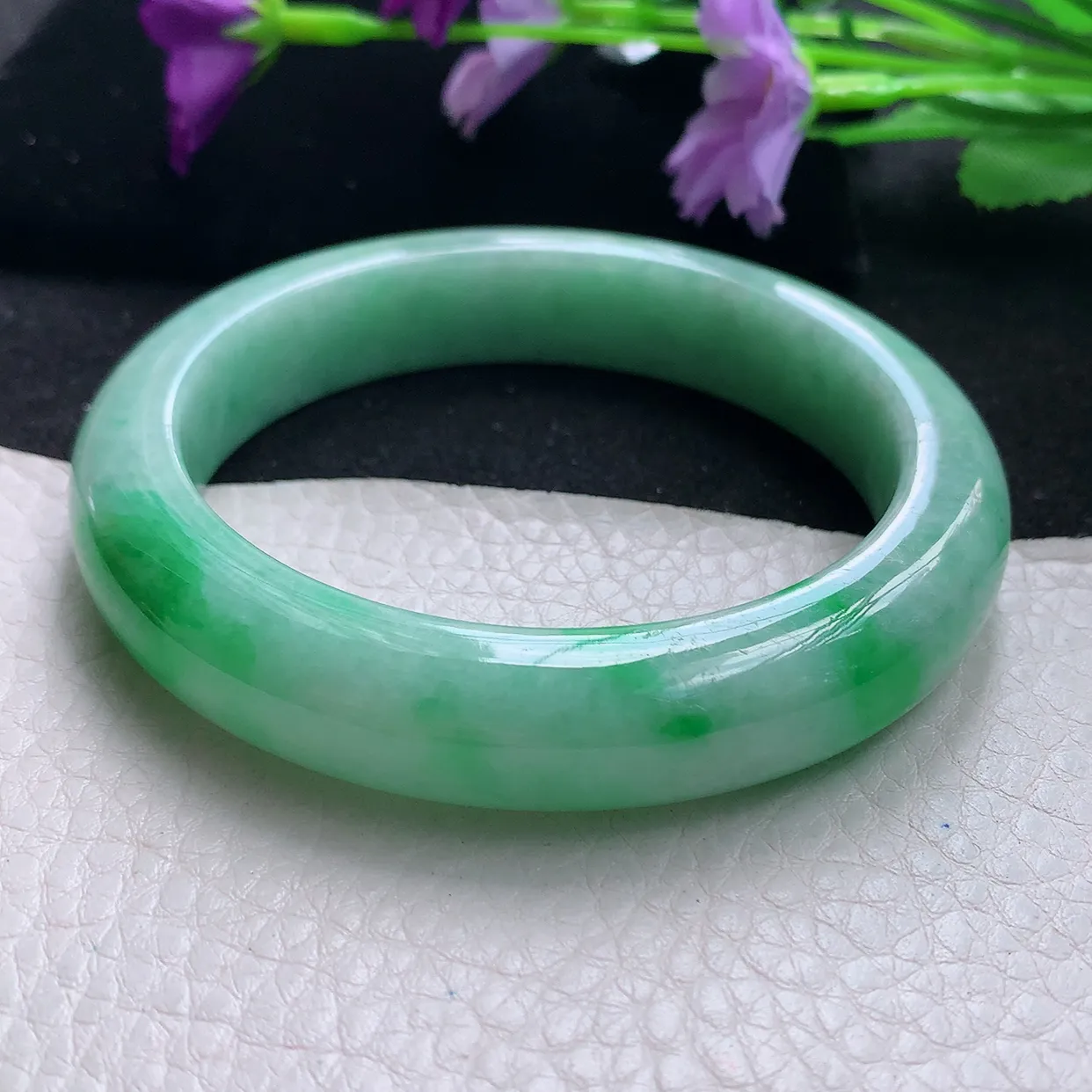 Pj自然光59.5*12.8*9.2大圈口平安镯 天然缅甸翡翠a货手镯飘绿满色正圈镯子