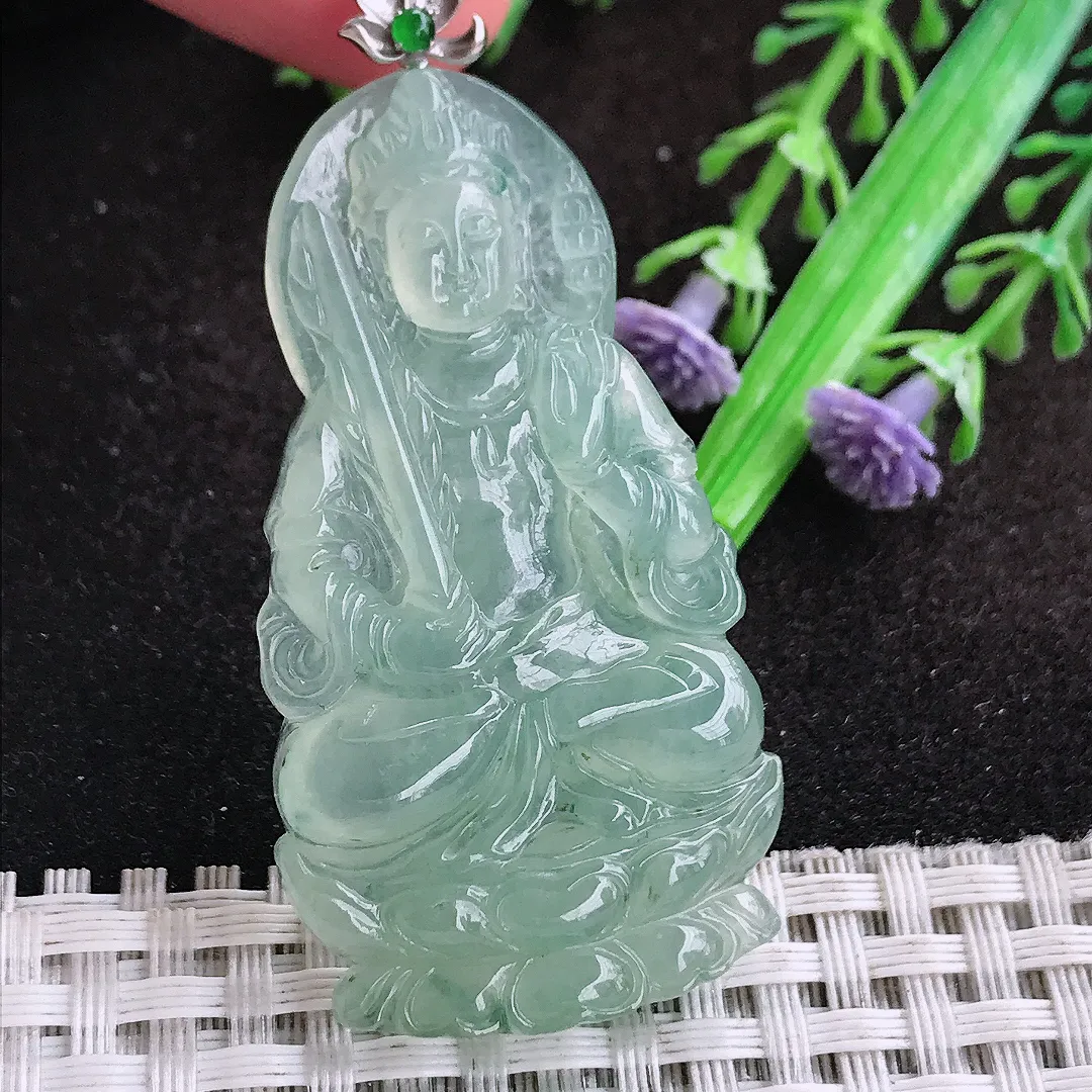 自然光51.8/28/5.3老坑18k金镶嵌冰种果冻胶冰晴绿虚空藏菩萨吊坠翡翠玉坠挂件百搭