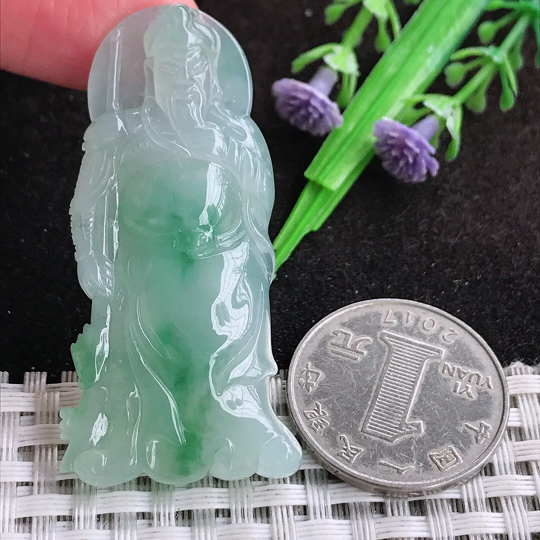 自然光51.5/25.7/6.5老坑冰胶果冻飘绿关公吊坠翡翠玉坠挂件百搭