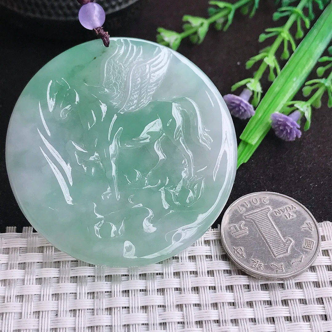 自然光5/5.8老坑冰胶水灵冰晴绿飞马吊坠马到成功翡翠玉坠挂件百搭