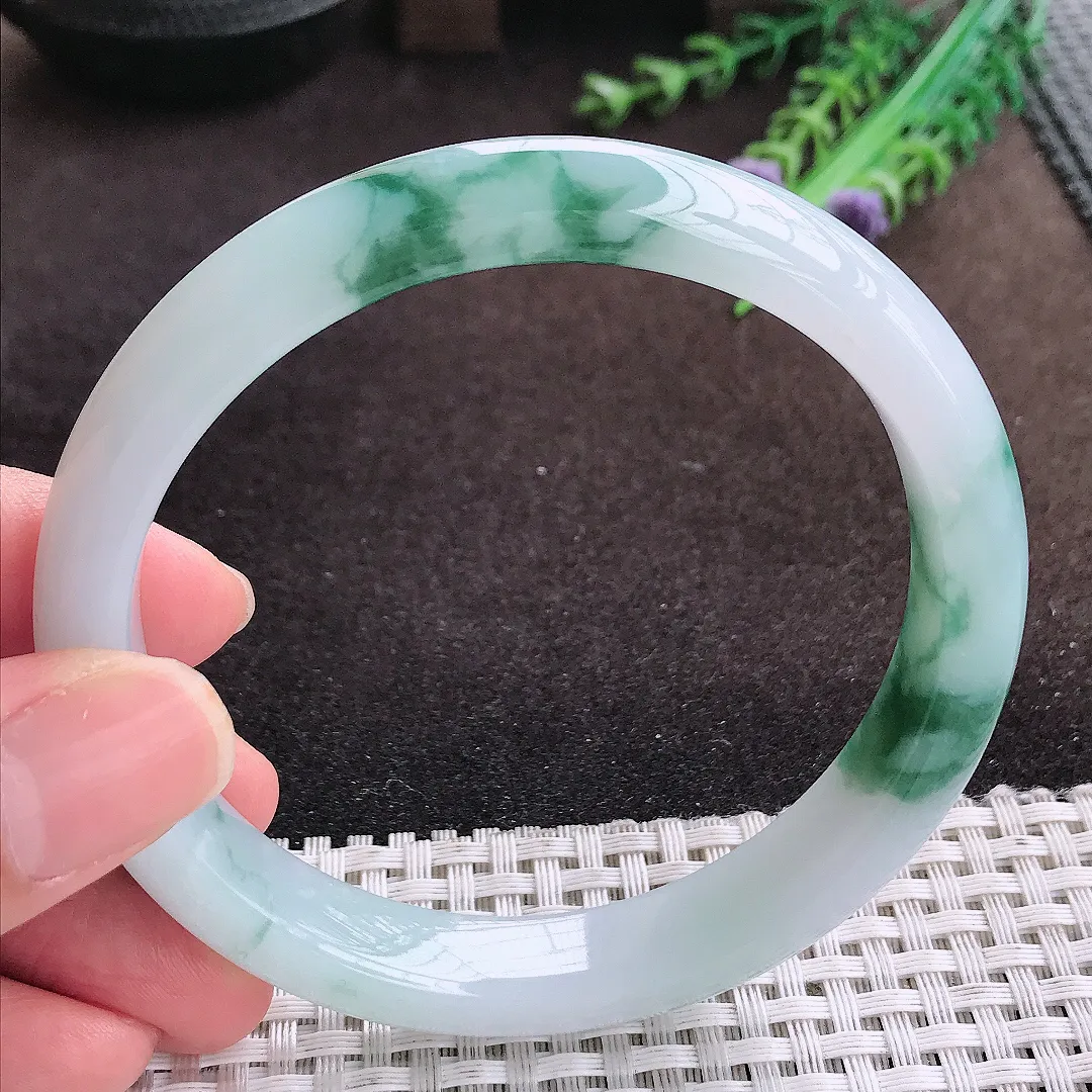 自然光63/11.7/8.2老坑冰润起胶飘花手镯大圈口宽边翡翠玉镯美人镯