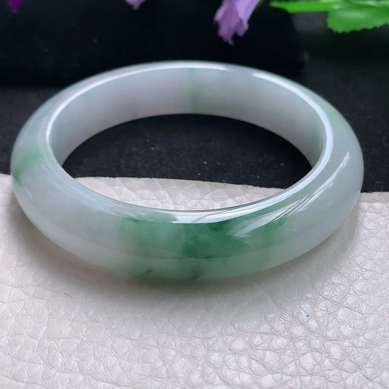 xh自然光55.5*12.6*9平安镯 天然缅甸翡翠a货手镯飘花正圈宽边镯子