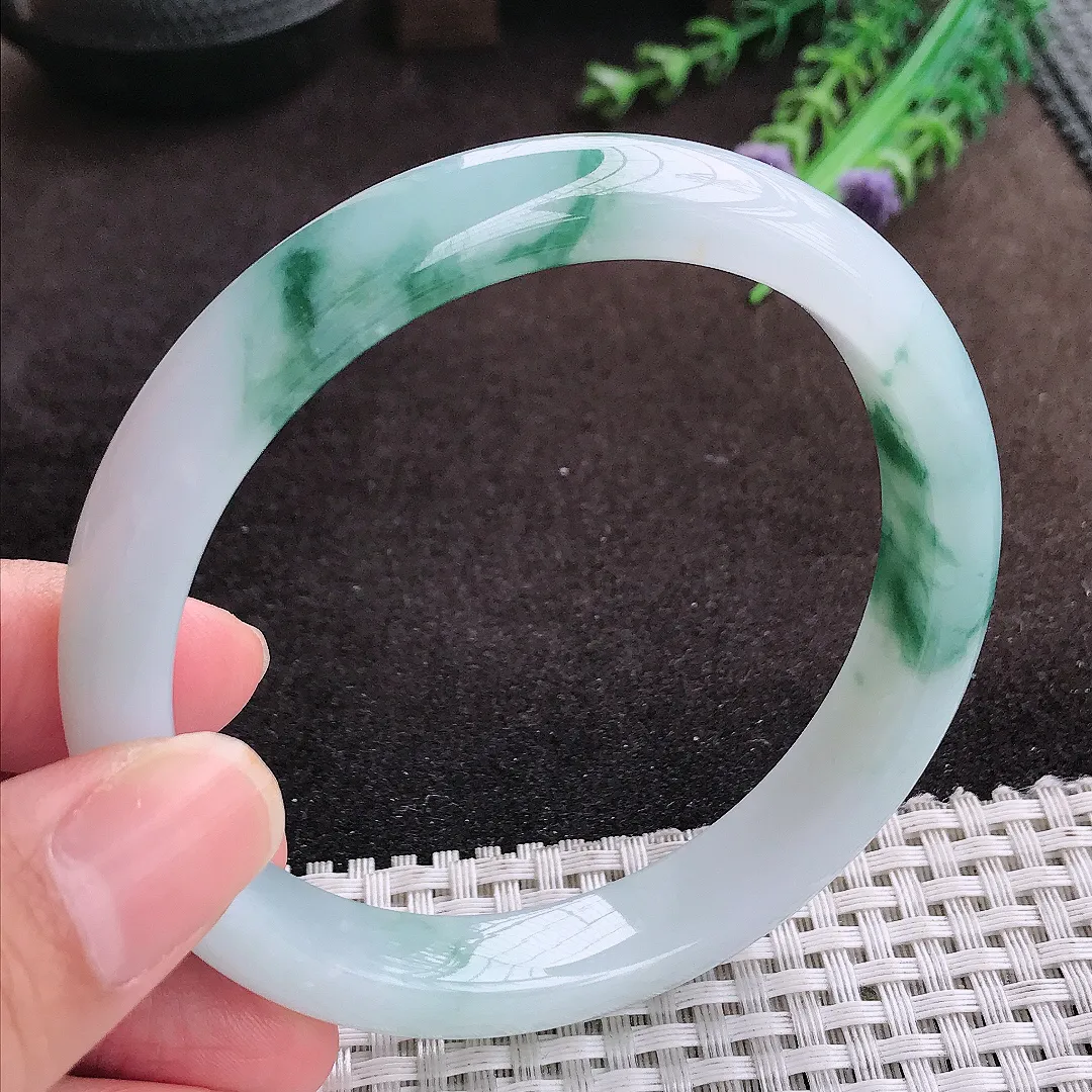 自然光63/11.7/8.2老坑冰润起胶飘花手镯大圈口宽边翡翠玉镯美人镯