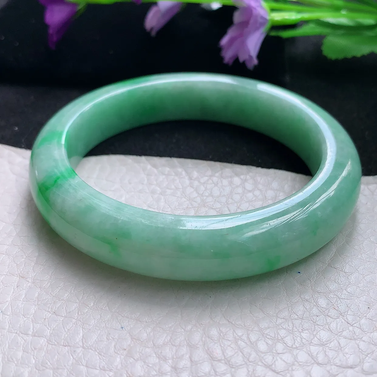 Pj自然光59.5*12.8*9.2大圈口平安镯 天然缅甸翡翠a货手镯飘绿满色正圈镯子