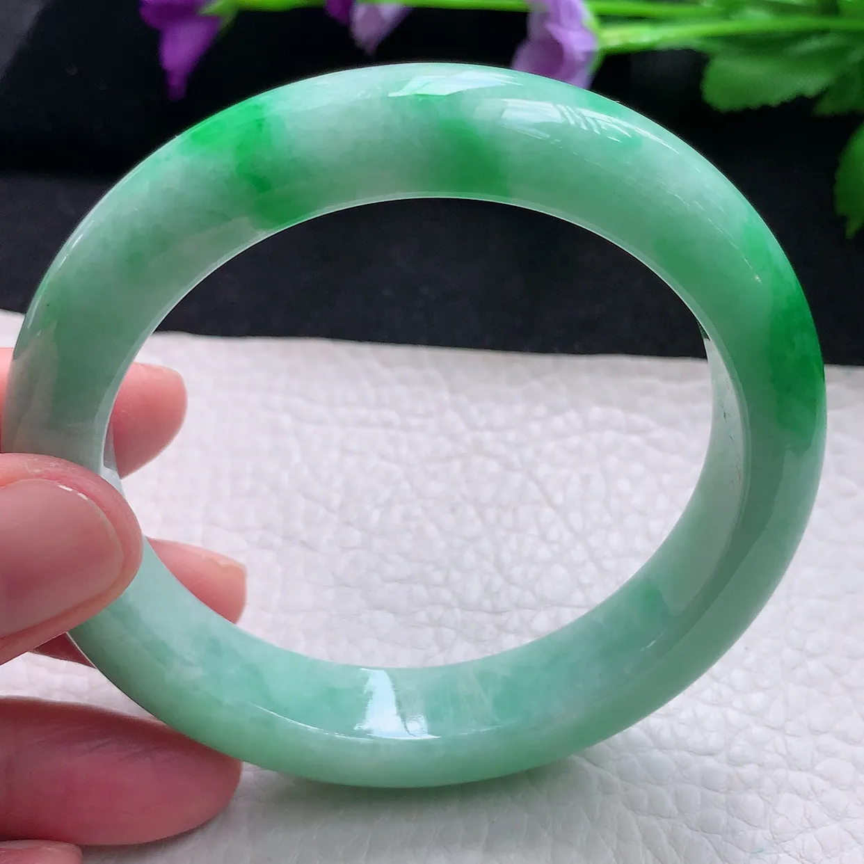 Pj自然光59.5*12.8*9.2大圈口平安镯 天然缅甸翡翠a货手镯飘绿满色正圈镯子