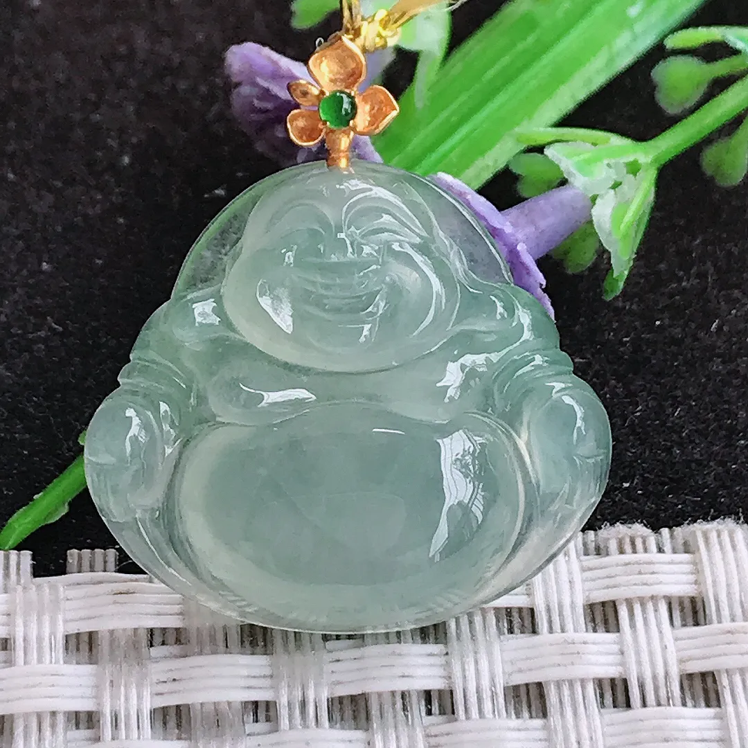 自然光22.3/25/5.8老坑18k金镶嵌冰种冰晴绿佛公吊坠翡翠玉佛挂件