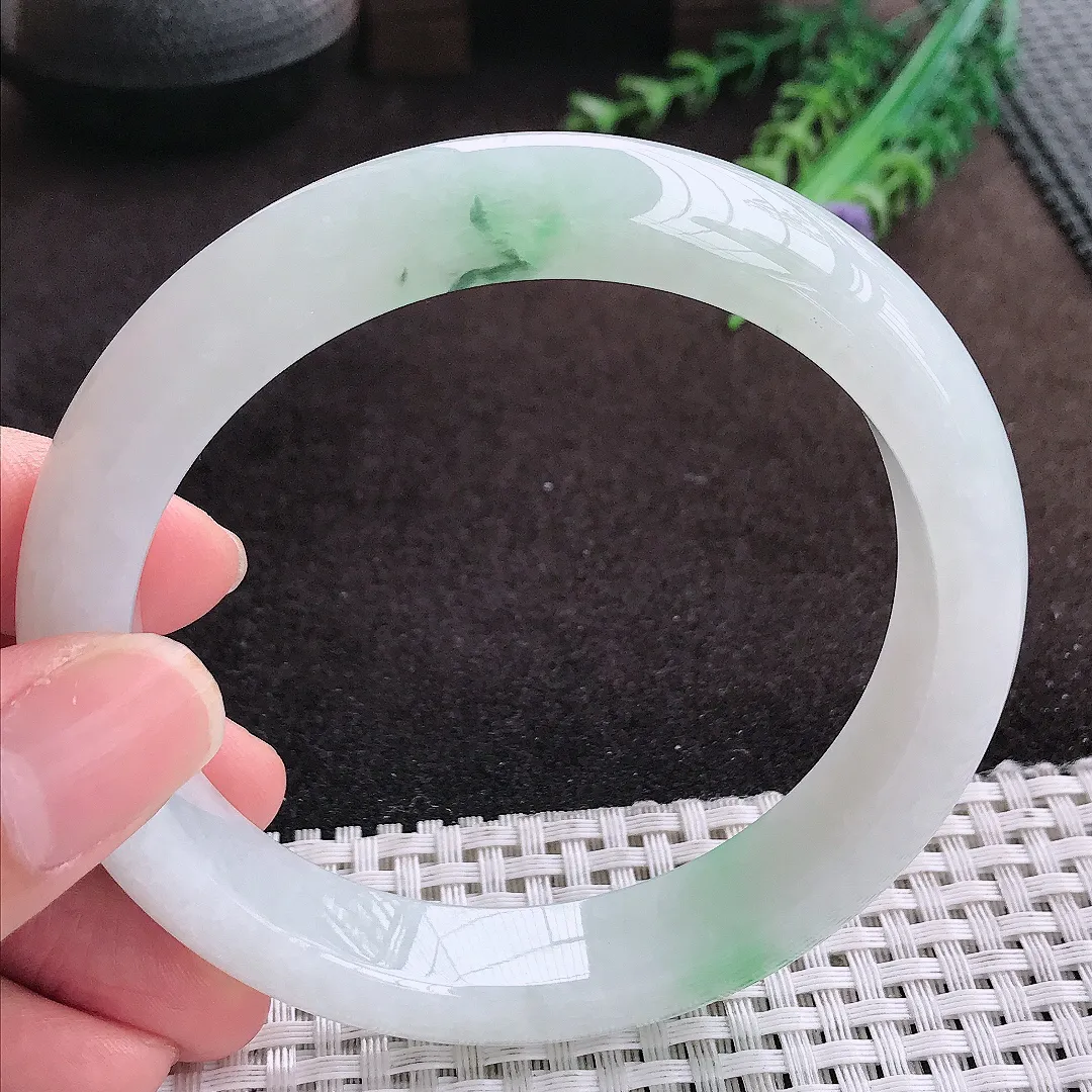自然光63/12.8/9老坑冰胶水灵飘花大圈口手镯宽边翡翠玉镯美人镯