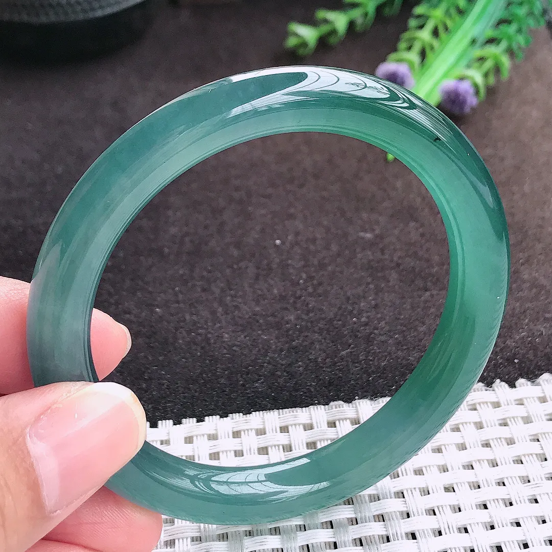 自然光55.5/9/8.6老坑冰胶果冻满色蓝韵圆条手镯宽边翡翠玉镯美人镯