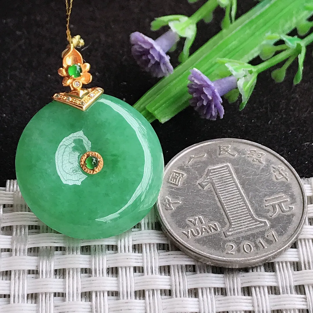 自然光24/5.6老坑18k金镶嵌满绿平安扣吊坠翡翠玉坠挂件