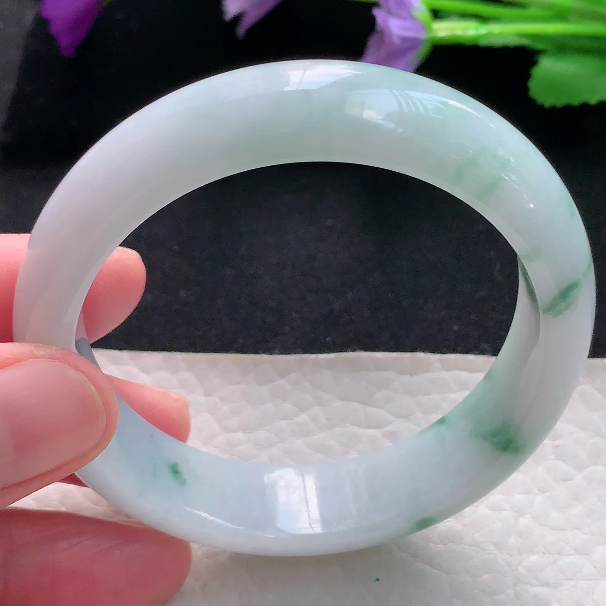 js自然光54*14*7.8平安镯 天然缅甸翡翠手镯飘花正圈宽边镯子玉手环