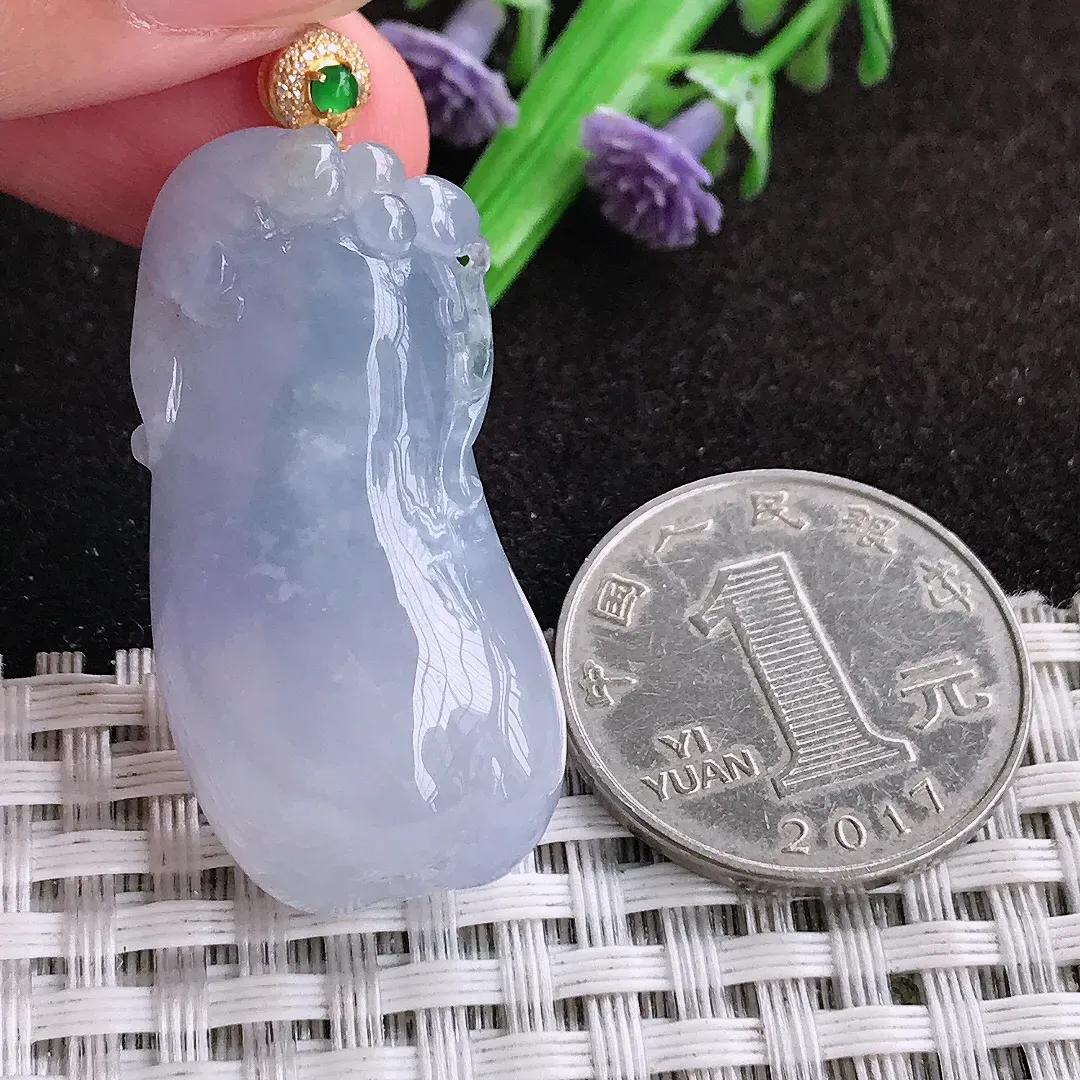自然光38/18.8/11老坑18k金镶嵌冰润起胶紫罗兰福瓜吊坠翡翠玉坠挂件