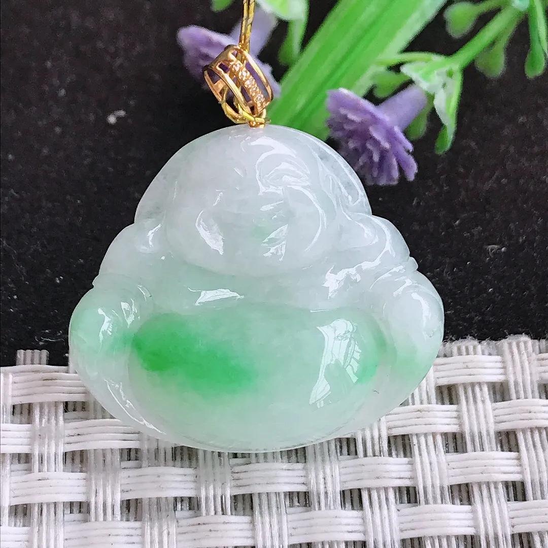 自然光25/28.5/5.7老坑18k金镶嵌冰润飘阳绿佛公吊坠翡翠玉坠挂件