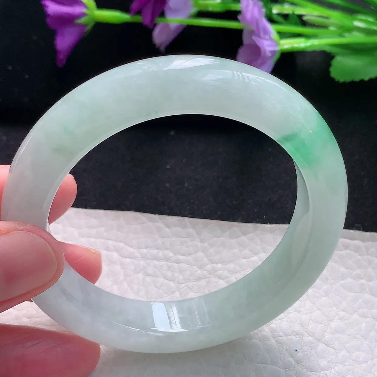 jm自然光55.5*12.5*9.6平安镯 天然缅甸翡翠a货手镯飘绿花正圈冰透厚镯子