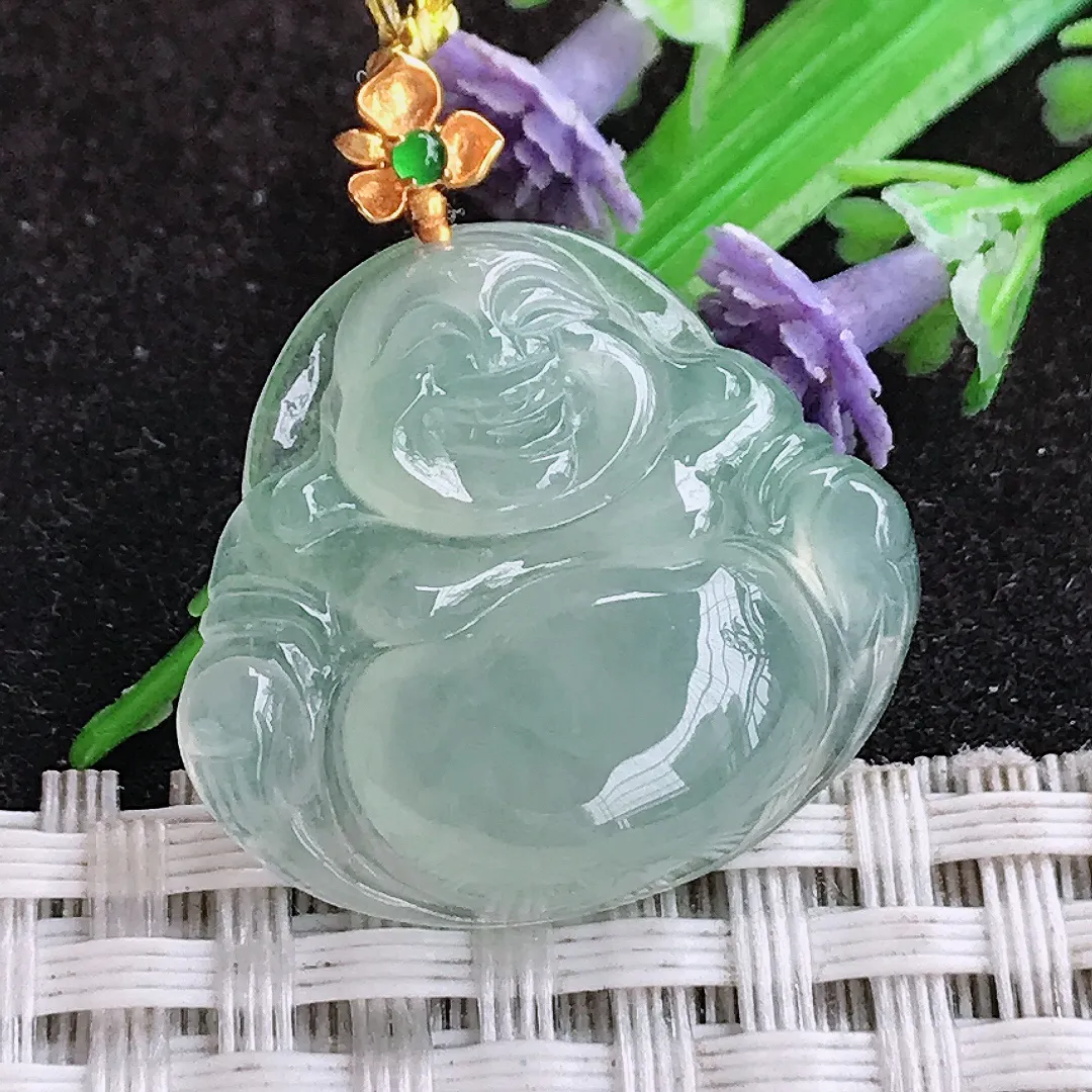 自然光22.3/25/5.8老坑18k金镶嵌冰种冰晴绿佛公吊坠翡翠玉佛挂件