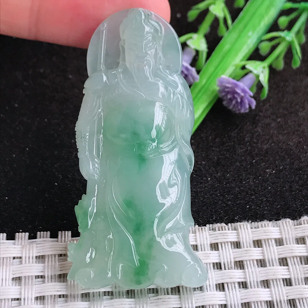 自然光51.5/25.7/6.5老坑冰胶果冻飘绿关公吊坠翡翠玉坠挂件百搭